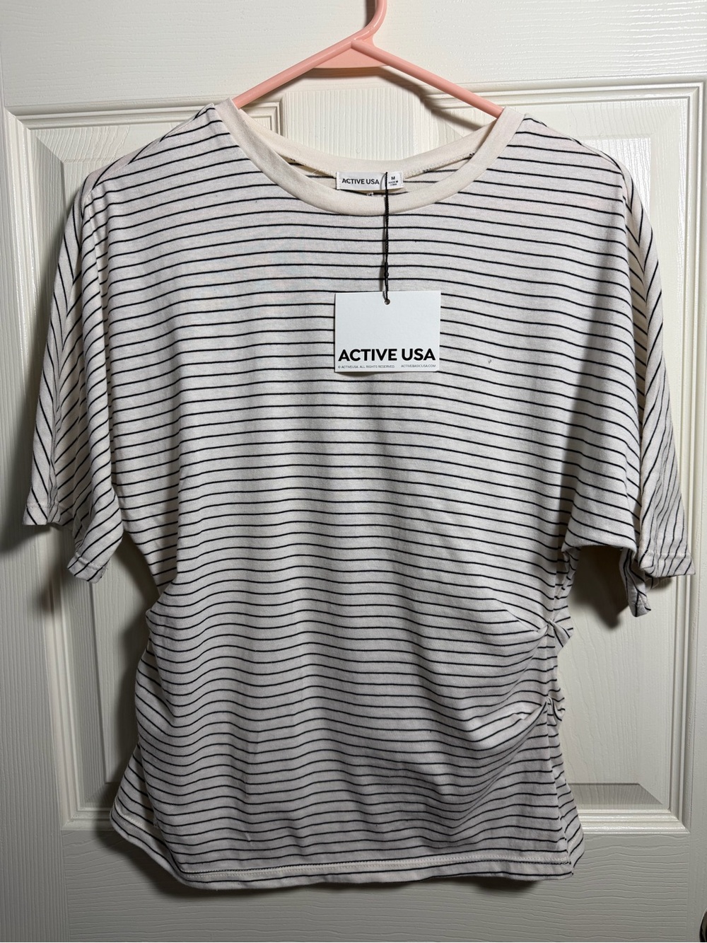 NWT Women’s Active USA Cream and Black Striped Short Sleeve Top, size Medium